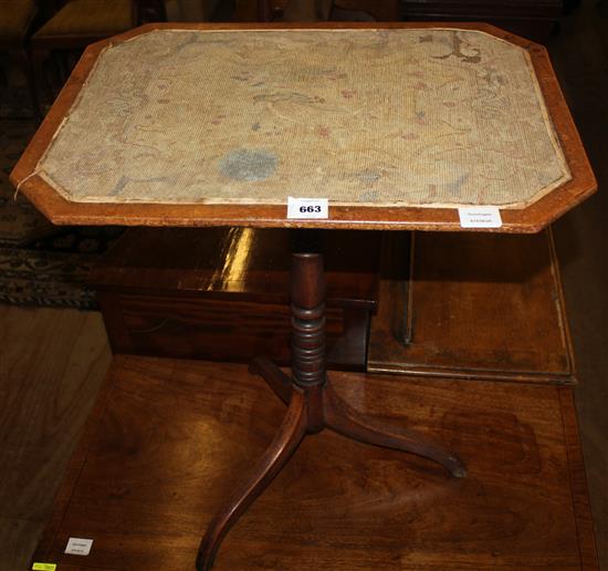 Regency octagonal tapestry topped wine table, on a pillar and inverted splayed tripod base(-)